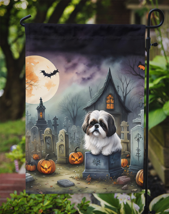 Spooky Shih Tzu Halloween garden flag hanging on a stake with pumpkins and graveyard