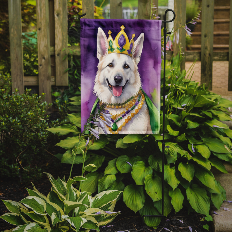Garden flag on stake featuring white German Shepherd with Mardi Gras crown and beads