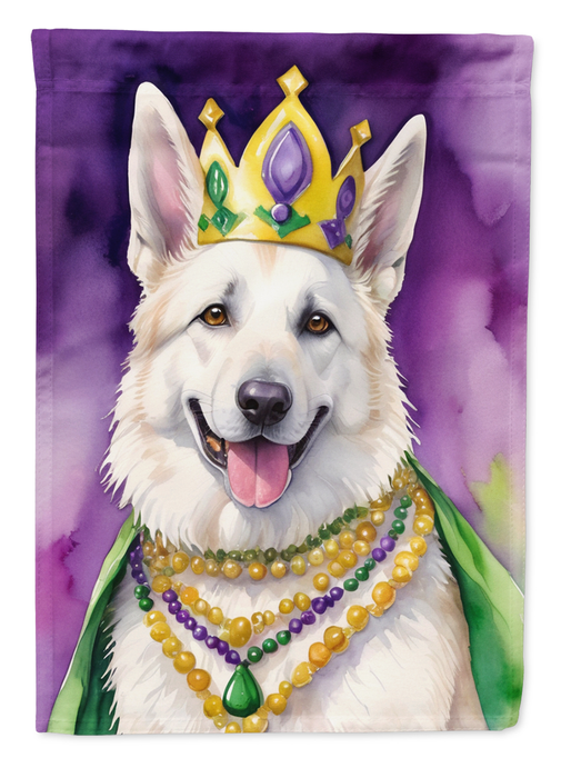 Purple garden flag with white German Shepherd wearing Mardi Gras crown and beads