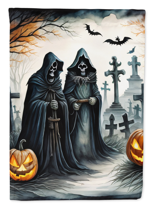 Grim reaper Halloween garden flag with two cloaked reapers, crosses, and jack-o'-lanterns