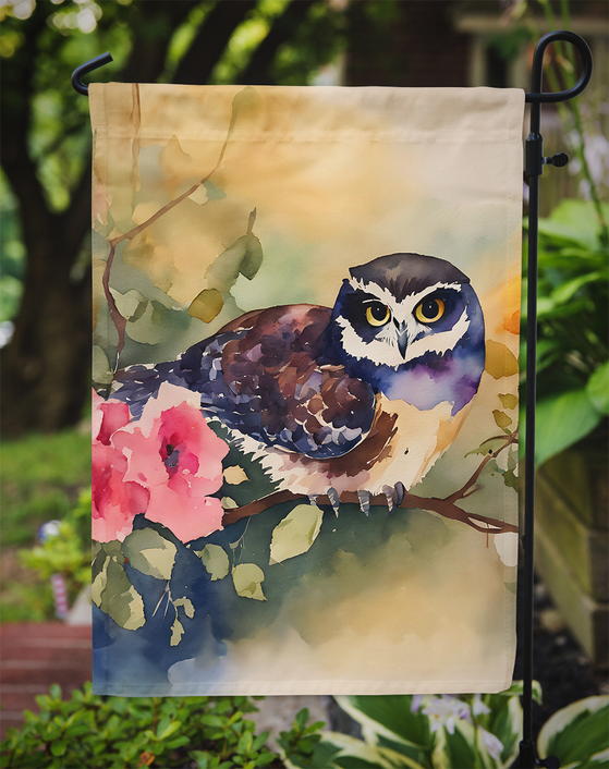 Spectacled owl garden flag featuring a watercolor owl with flowers, secured grommet