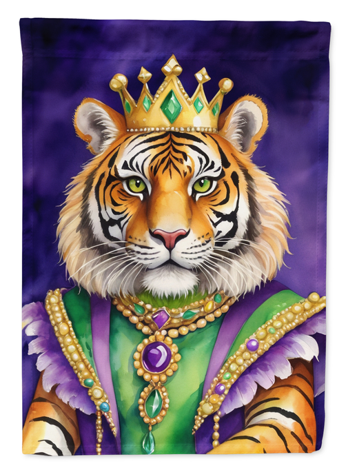 Tiger Mardi Gras house flag close-up of crowned tiger face and jeweled collar
