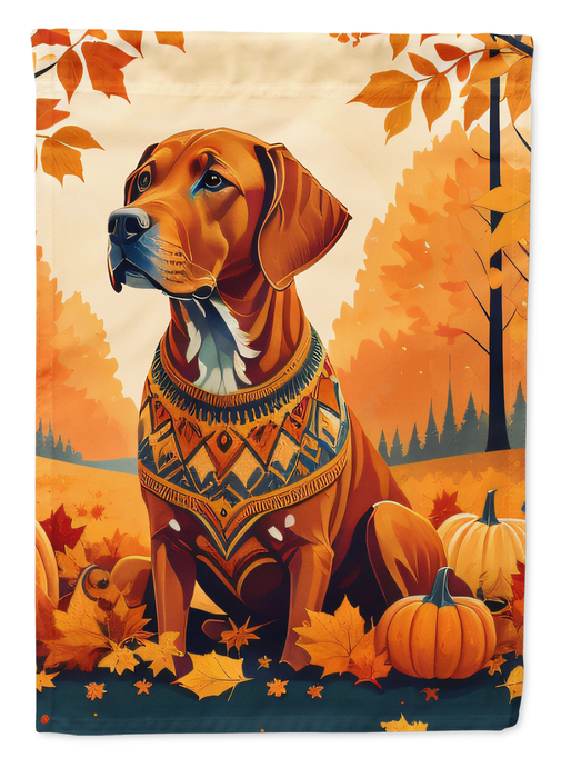 Fall garden flag with close-up brown dog, pumpkins, and orange leaf trees