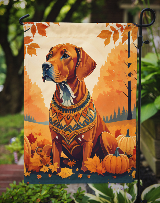 Fall garden flag featuring a brown dog portrait with pumpkins and orange autumn trees
