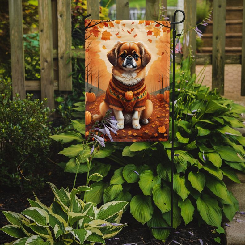 Garden flag on pole featuring Tibetan spaniel dog in autumn scene