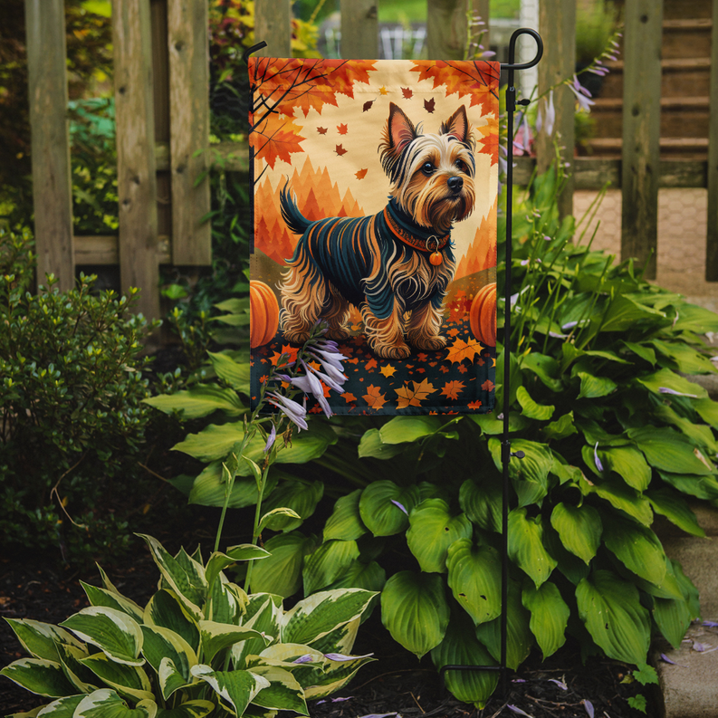 Autumn garden flag featuring a Yorkshire terrier in fall leaves