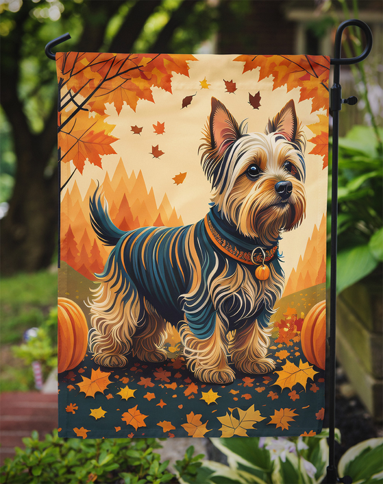 Autumn garden flag of a Yorkshire terrier on a garden stake