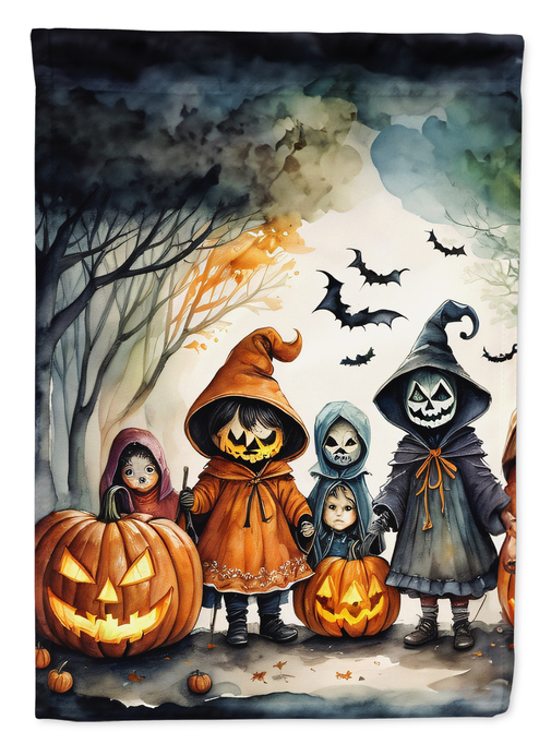 Halloween house flag with full scene of spooky children, witches, and pumpkins at night