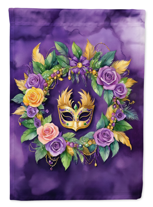 Purple house flag with circular floral wreath and blue Mardi Gras mask center
