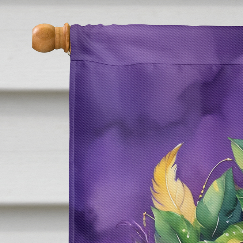 Purple house flag fabric corner with floral bouquet and wooden mounting rod