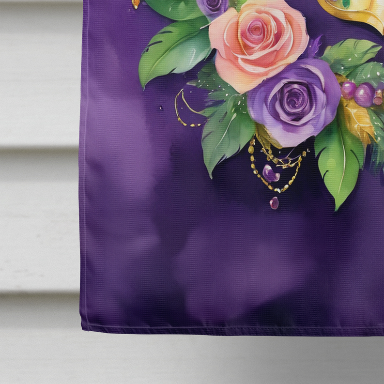 Purple house flag close-up with roses and leaves under gold bead accents