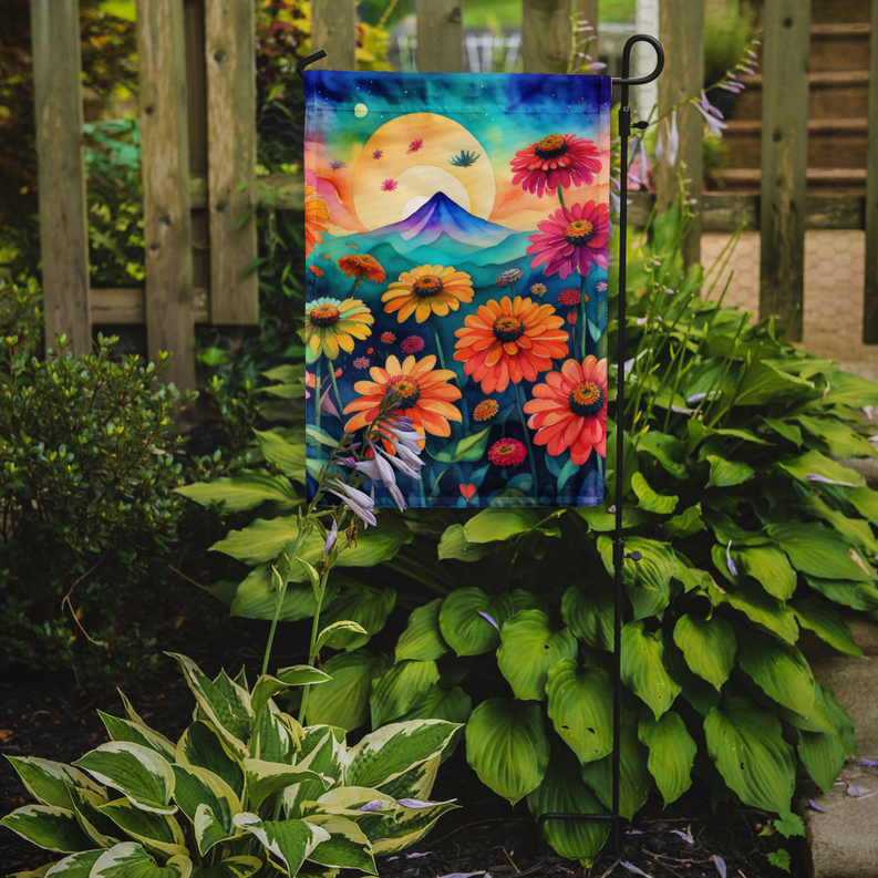 Zinnias garden flag on outdoor stake with bright flower and mountain artwork