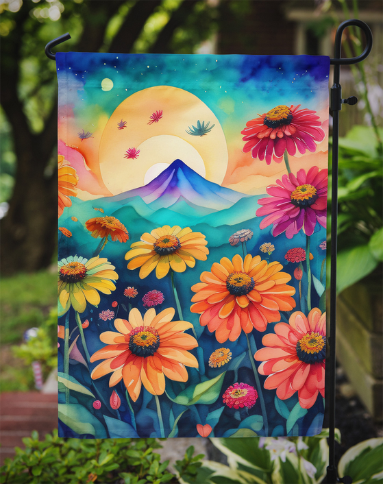 Zinnias garden flag featuring colorful flowers, mountains, and sunset sky