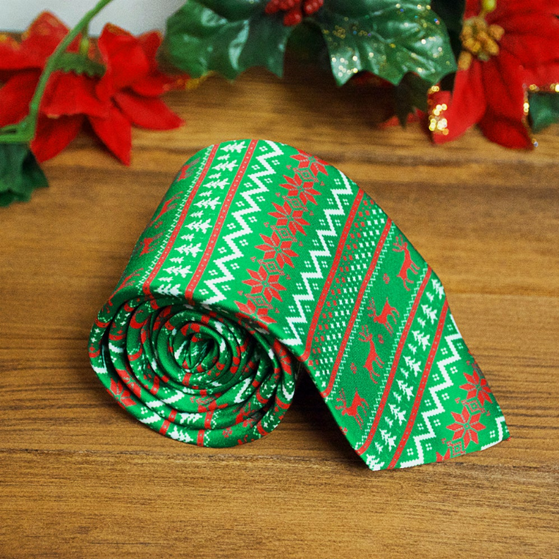 Novelty Christmas necktie with red, green, and white knit-like geometric holiday pattern