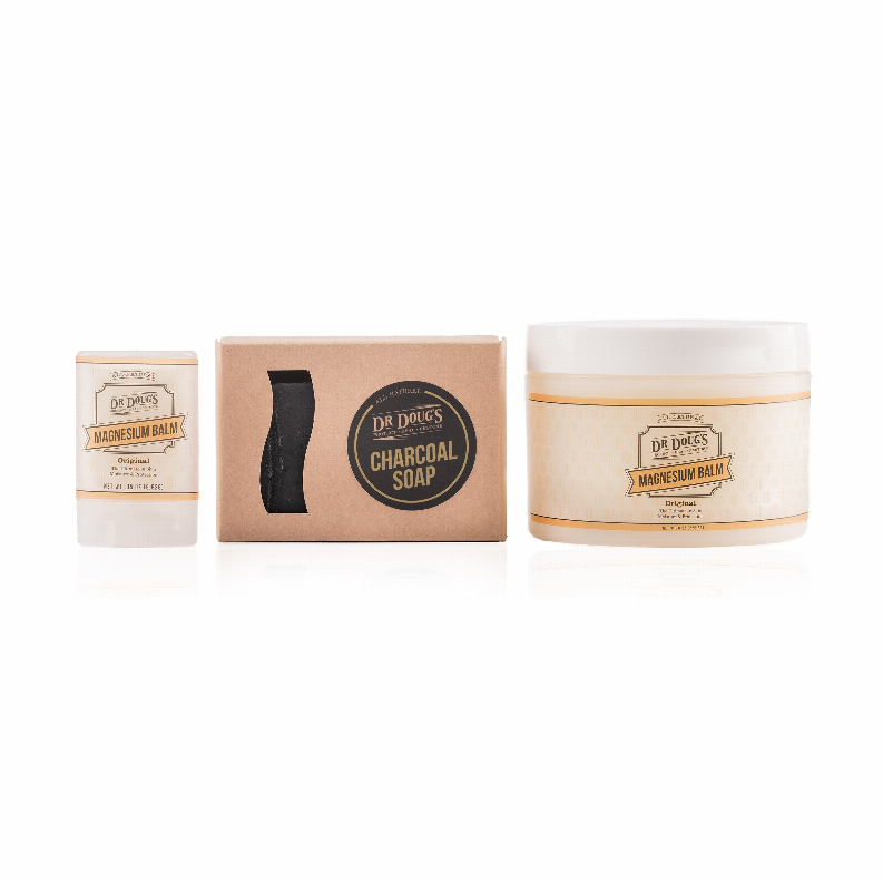 Charcoal soap bar and balm tins set for stress relief