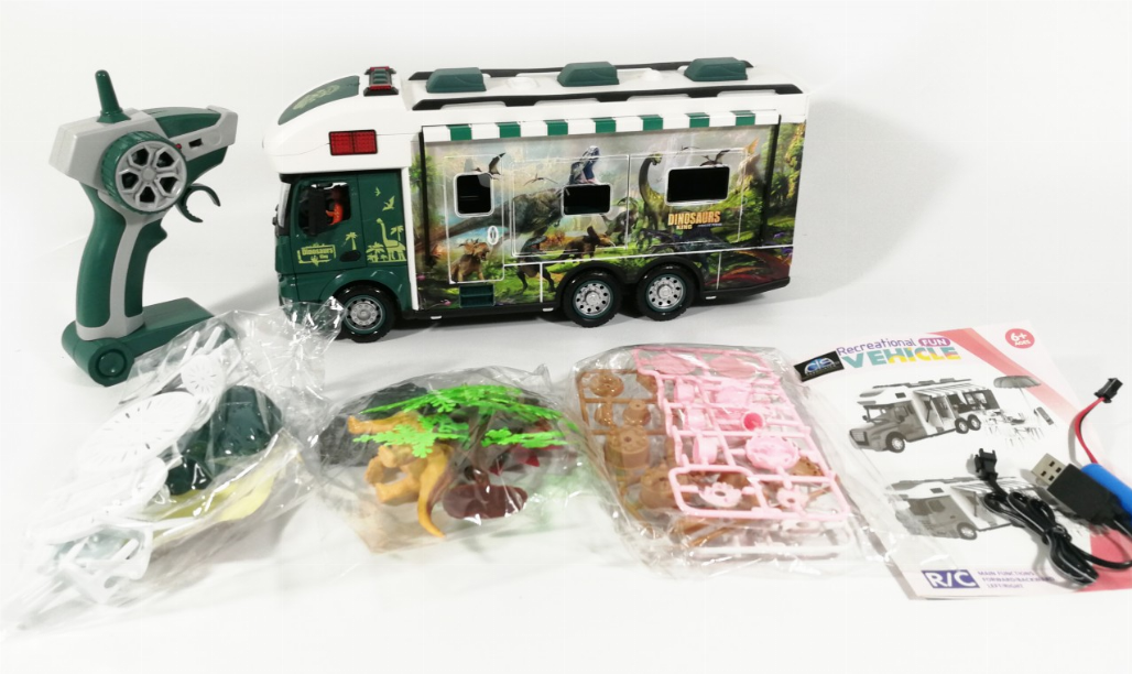 Jurassic toy RV set with dinosaur figures, accessories, and remote control