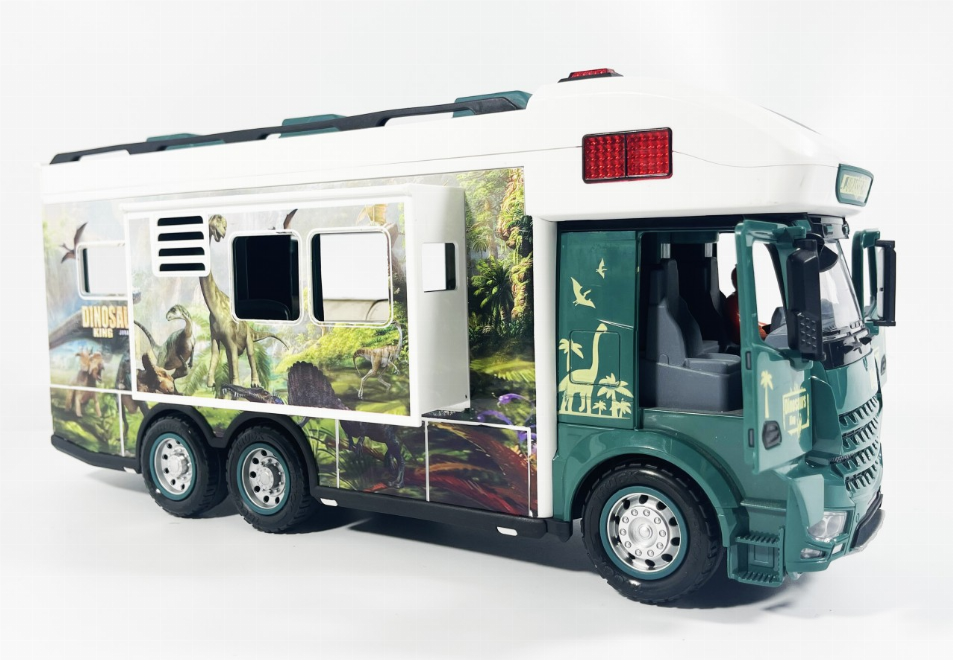 Jurassic toy RV with dinosaur graphics, open cab and side windows, two-axle wheels