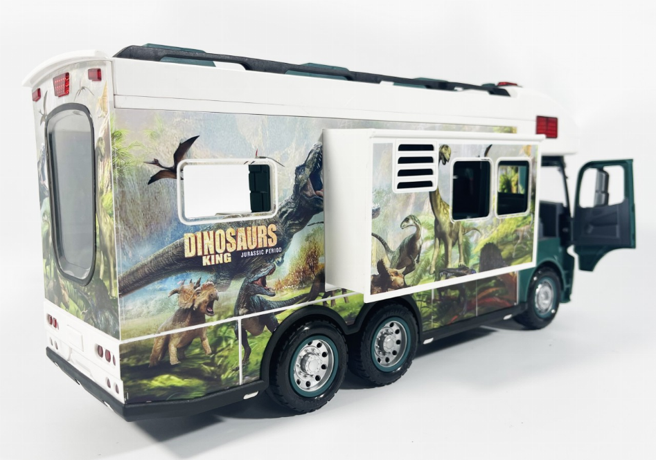 Jurassic toy RV with dinosaur decals and side windows, front and rear lights visible