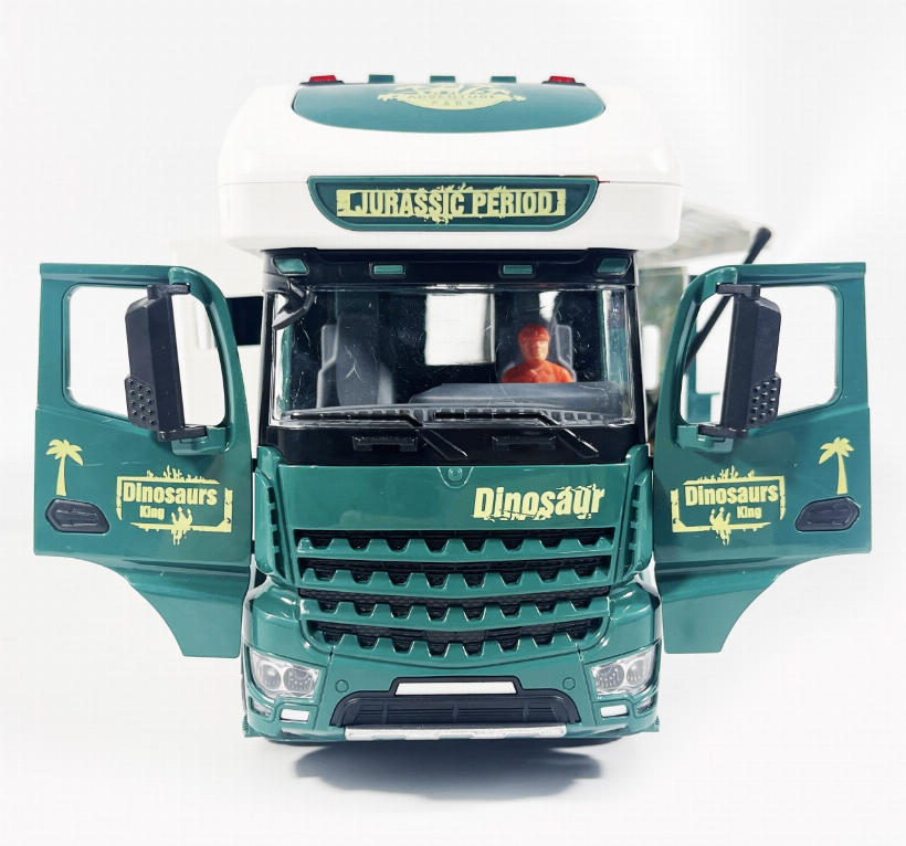 Front view of Jurassic toy RV with dinosaur graphics, windows, and roof top light