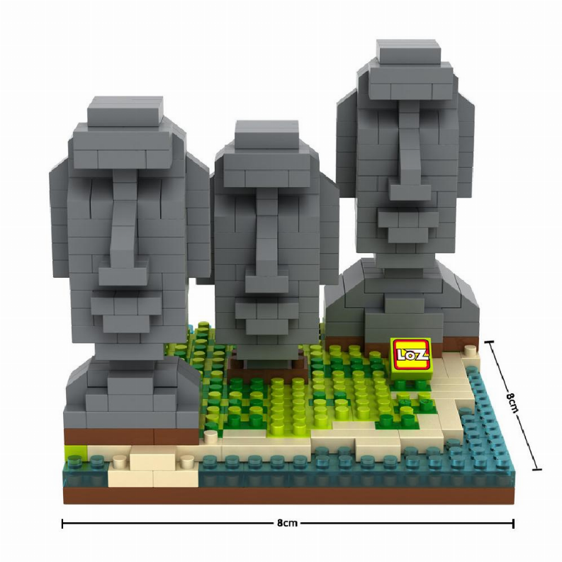 Three grey moai figures standing on green-tile platform