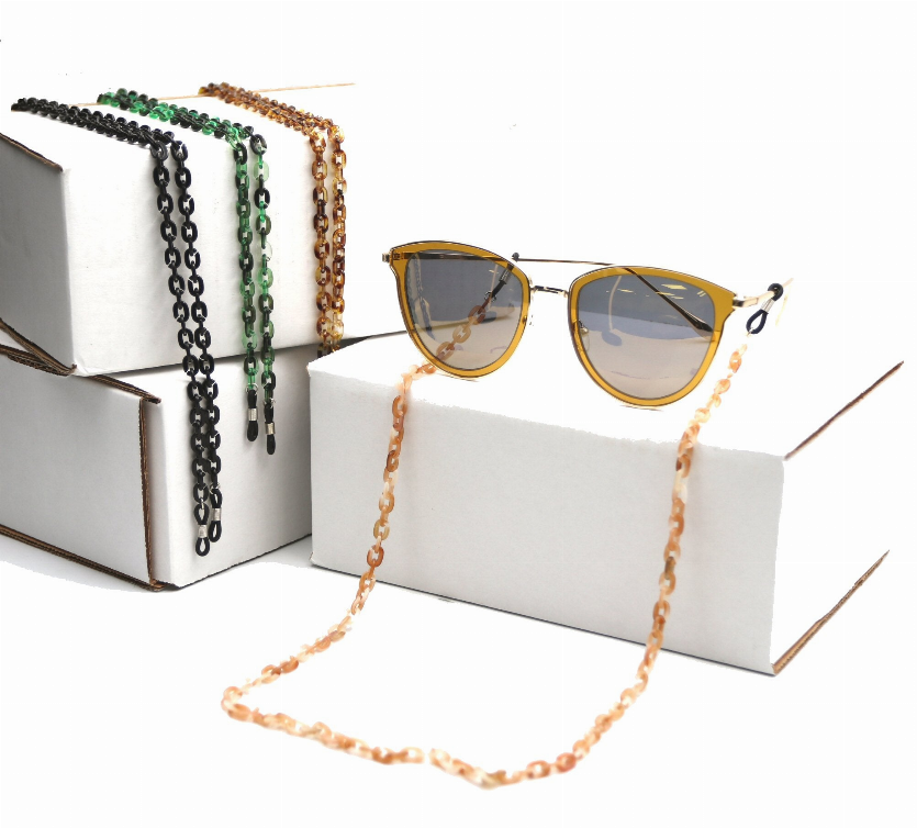 Reading glasses with amber chain lanyard and tinted lenses