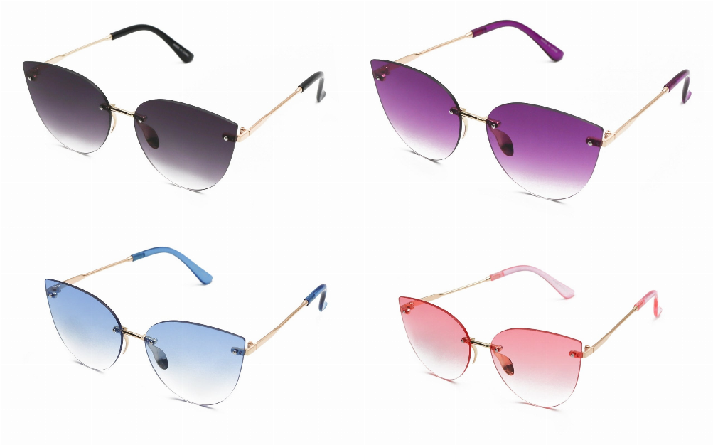 Assorted gradient sunglasses shown in purple, blue, and pink color options (four pairs).