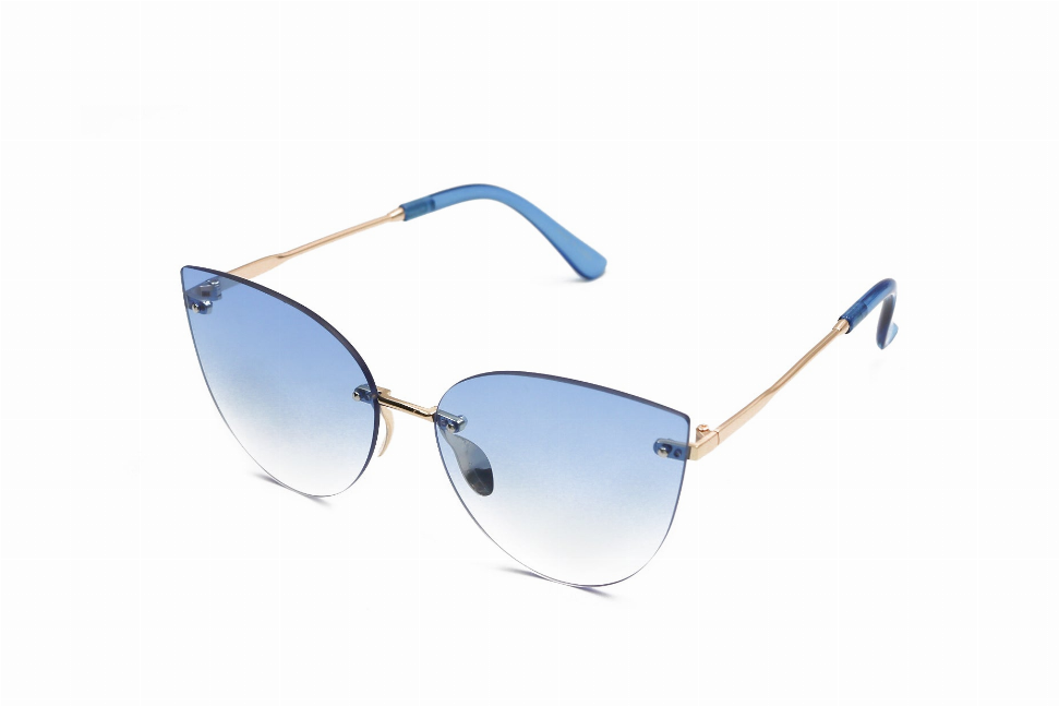 Blue gradient cat-eye sunglasses with gold-tone metal frame and blue temple tips.