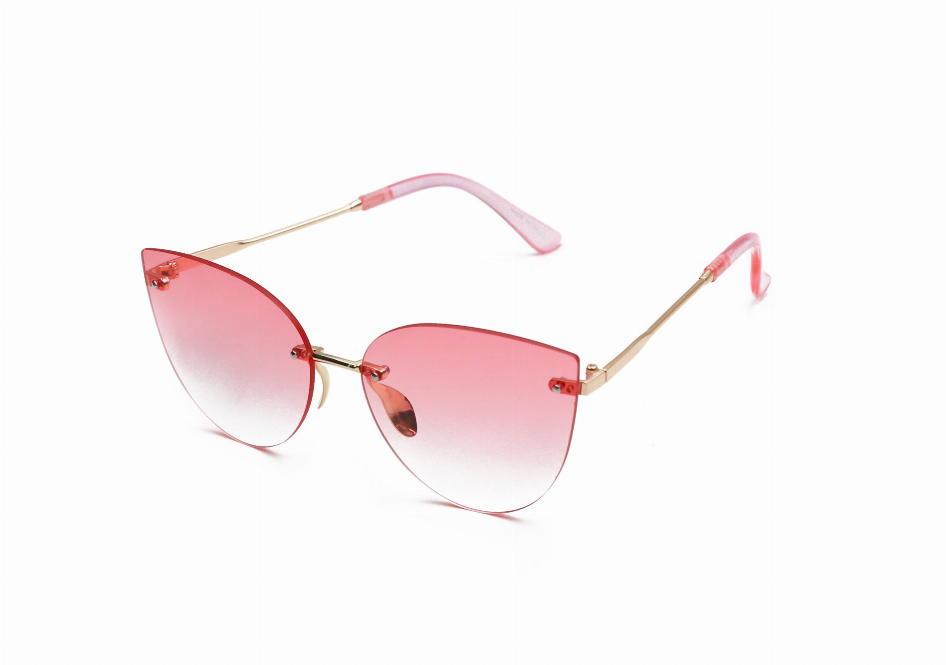 Pink gradient sunglasses with cat-eye shape, gold-tone arms, and light pink temples.