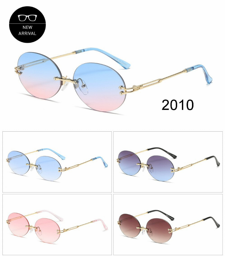Assorted round sunglasses in blue, black, or pink frames with mirrored lenses