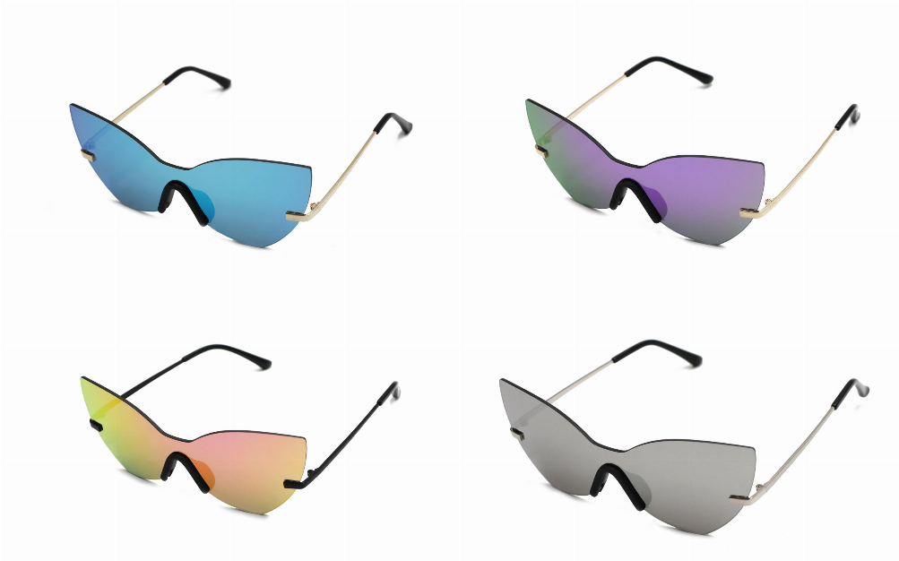 Assorted color sunglasses set on display, mixed lens colors and frames