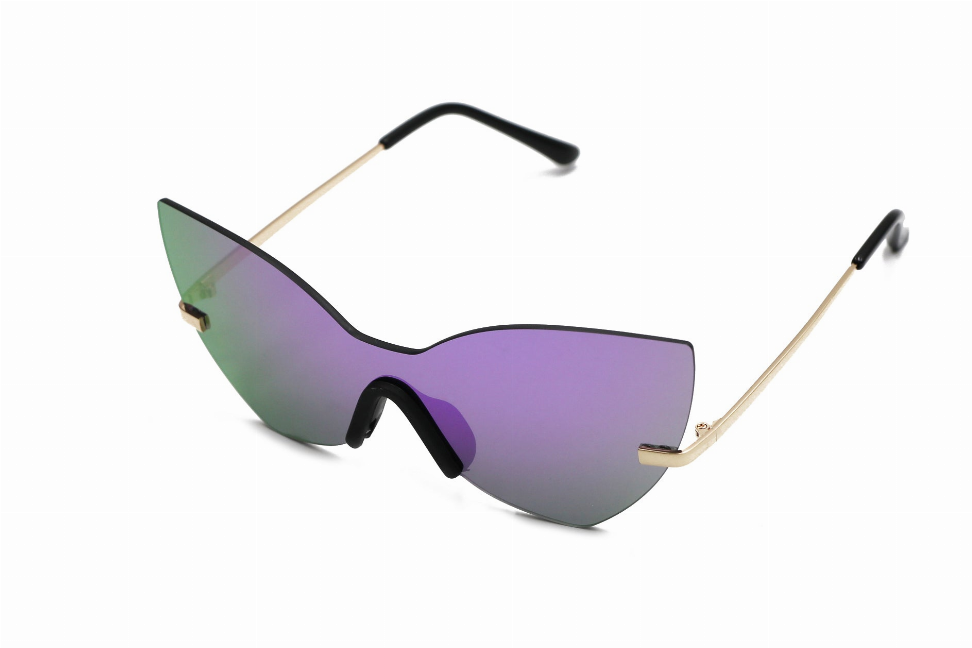 Purple mirrored sunglasses with black frame and gold-tone arms, cat-eye shape