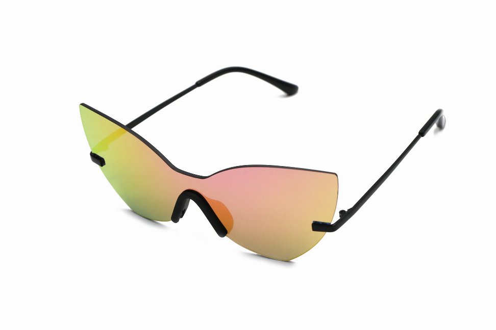 Gradient mirrored sunglasses with black frame and gold-tone arms, cat-eye style