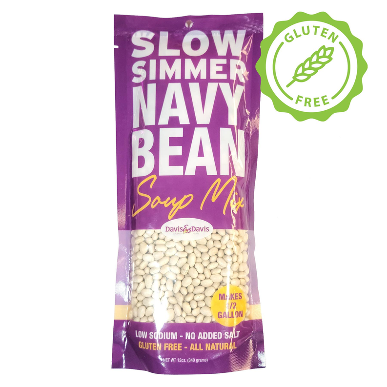 Navy bean soup mix pouch, gluten-free seal and white beans on front