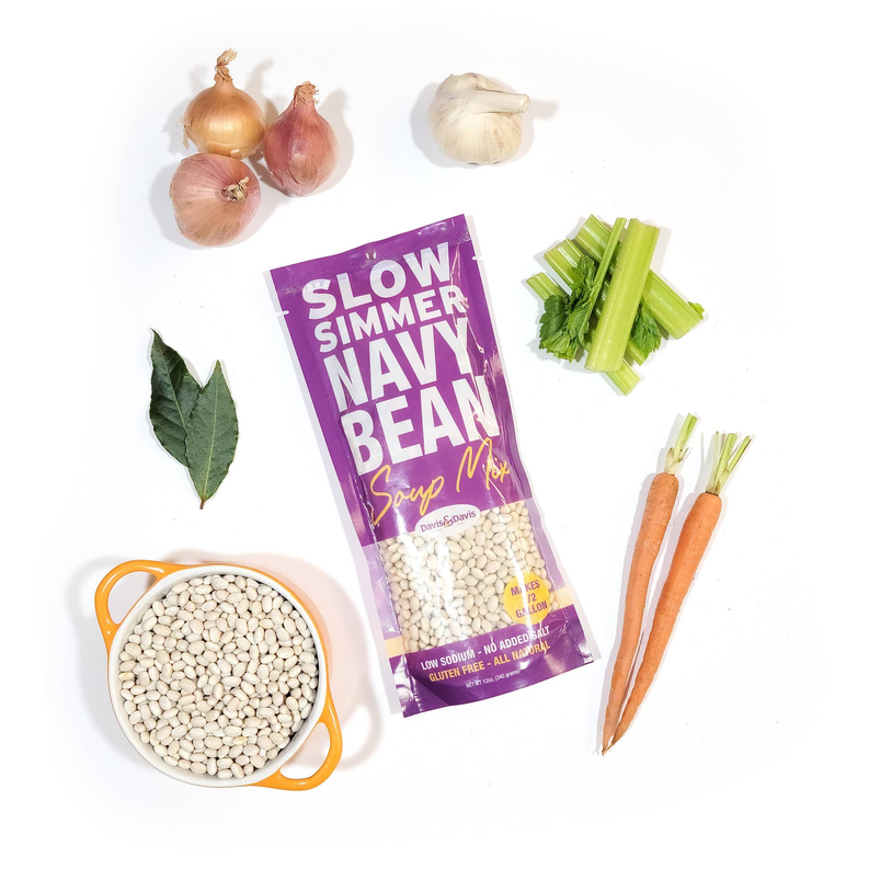 Navy bean soup mix pouch with white beans, onions, garlic, celery, carrots, and bay leaf