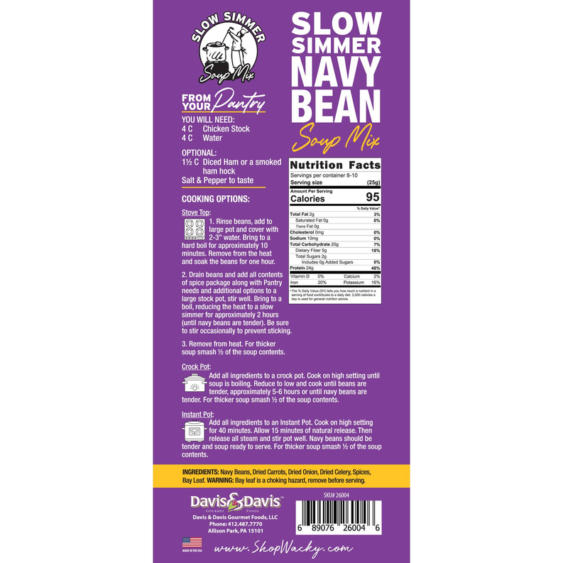 Navy bean soup mix pouch back with Nutrition Facts and cooking instructions