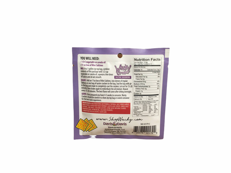 Wacky Cracker chili lime seasoning packet, nutrition facts and ingredients panel