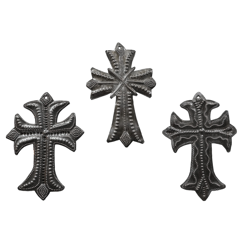 Set of 3 metal crosses with textured studded detailing, dark gray