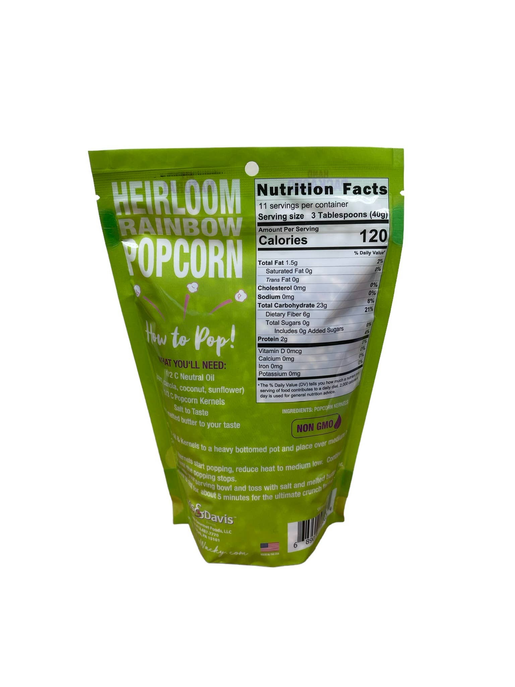 Heirloom rainbow popcorn bag with nutrition facts panel on back