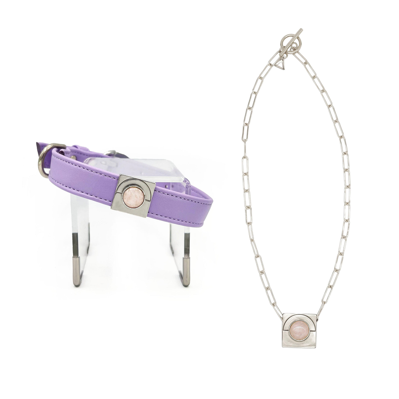 Lavender pet collar with rose quartz pendant necklace on silver chain