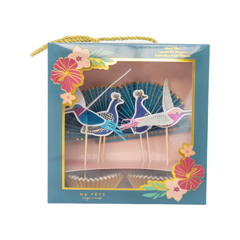 Boxed tropical cupcake toppers featuring illustrated birds and floral accents