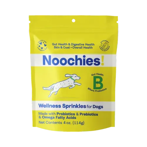 Yellow pouch of Wellness Sprinkles for Dogs with dog illustration and probiotic info