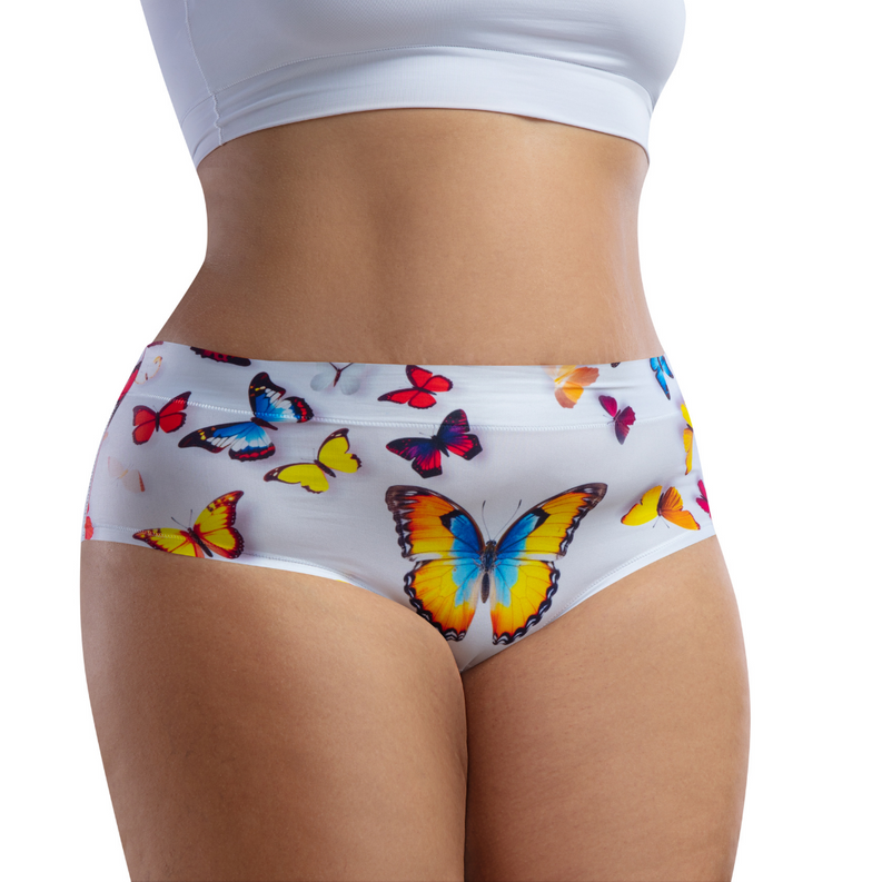 White high-waisted brief panty with bright butterfly print, rear view