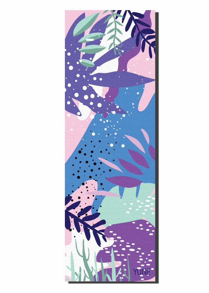 Yoga mat featuring tropical leaves and dots in pink purple teal and blue, YUNL