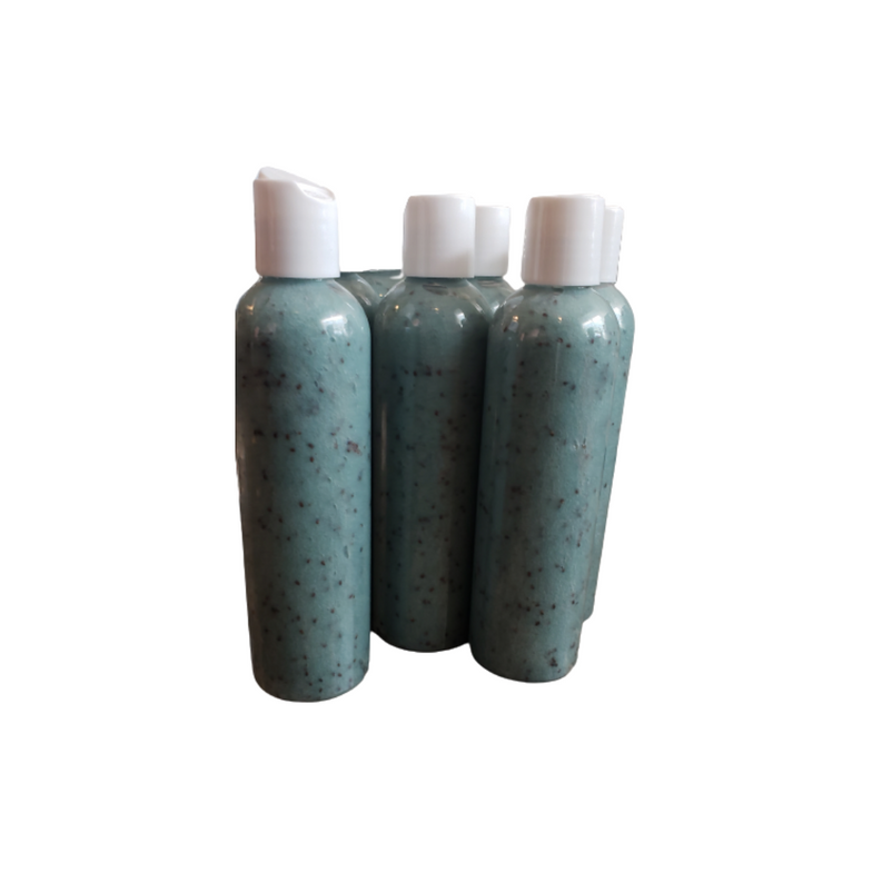 Exfoliating organic body wash bottles, teal speckled with white caps, three-pack