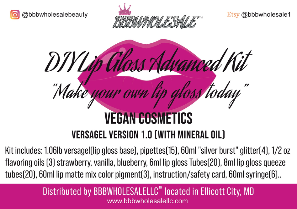 Vegan cosmetics gloss advanced kit promotional card with lip graphic and usage text