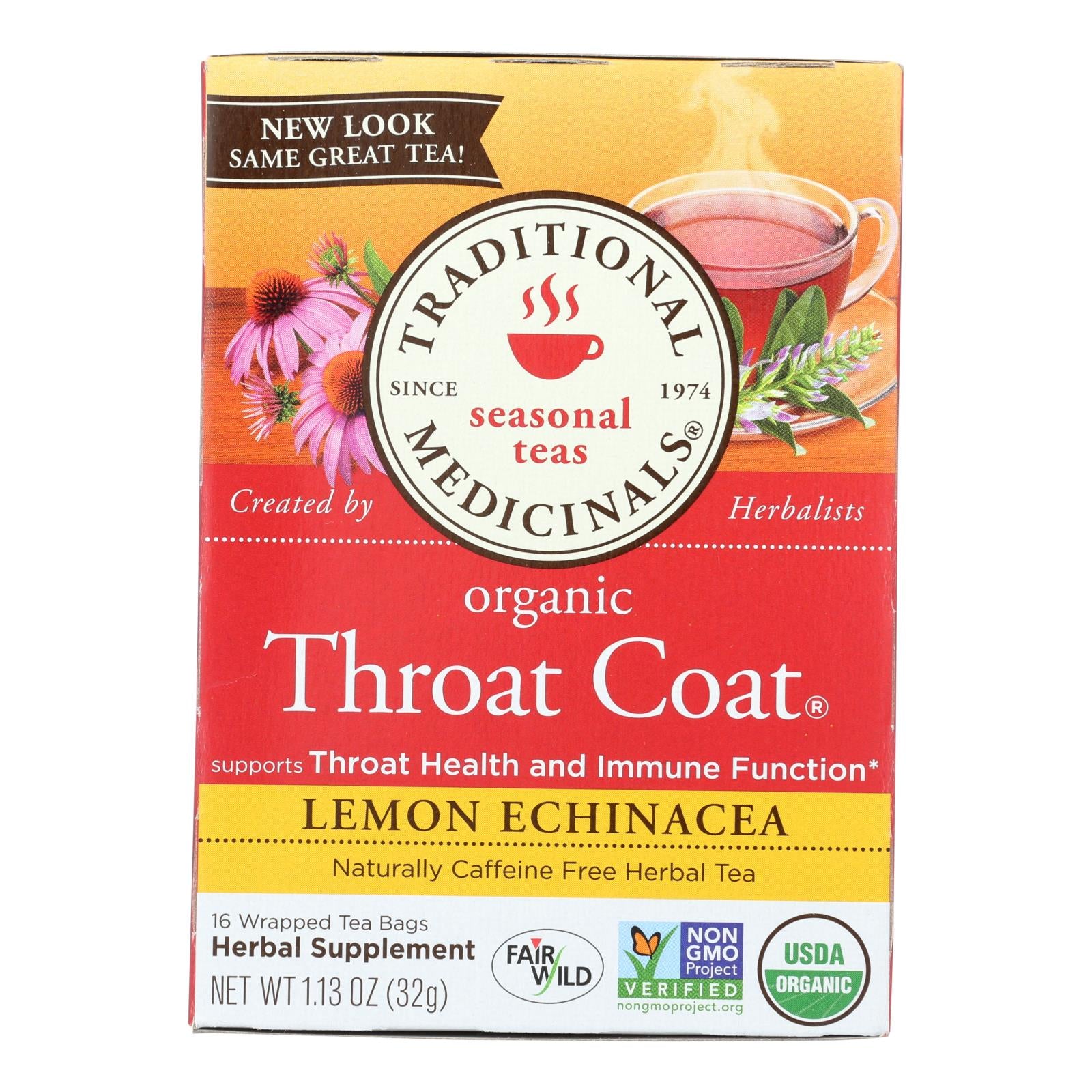 Traditional Medicinals Organic Lemon Echinacea Throat Coat Herbal Tea - 16 Tea Bags - Case Of 6 - GreatEagleInc