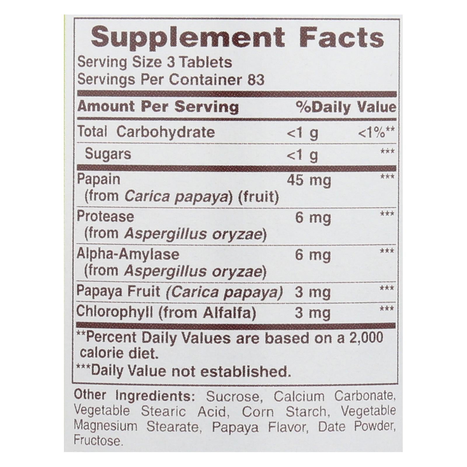 American Health - Papaya Enzyme With Chlorophyll Chewable - 250 Tablets - GreatEagleInc
