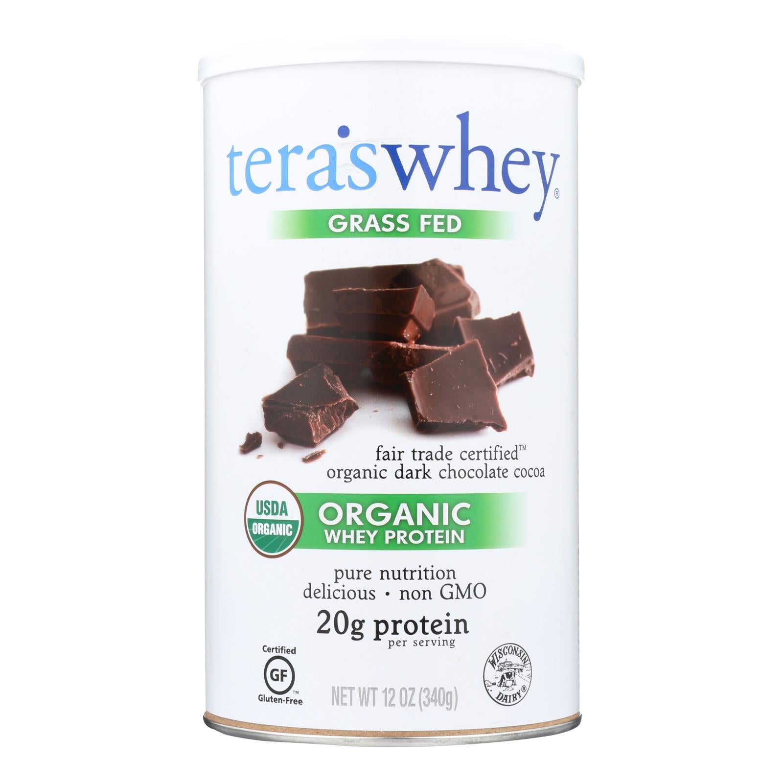 Teras Whey Protein Powder - Whey - Organic - Fair Trade Certified Dark Chocolate Cocoa - 12 Oz - GreatEagleInc