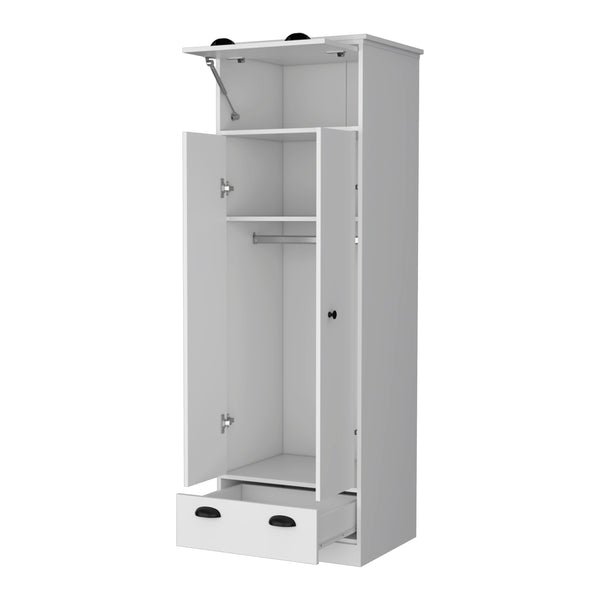 White wood cabinet with open door, interior shelves, and bottom drawer