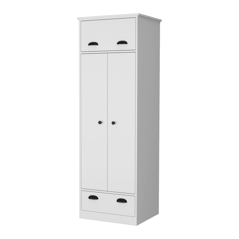 White wood cabinet with two doors, top drawers, and black arched pulls